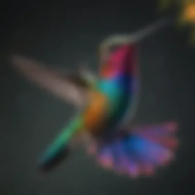 A vibrant hummingbird in mid-flight, showcasing its iridescent feathers.