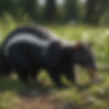 A skunk foraging for food in a grassy habitat, highlighting its natural diet.