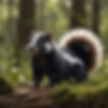 Playful Skunk in the Wild A playful skunk displaying its unique behavior in a wooded area.