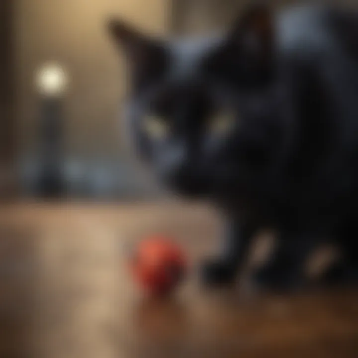 Playful black cat engaging with a feather toy