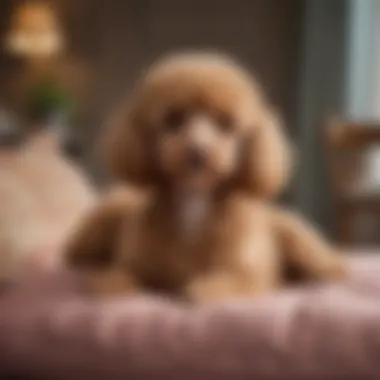 A tea poodle lounging comfortably on a plush cushion, showcasing its adorable features and luxurious fur