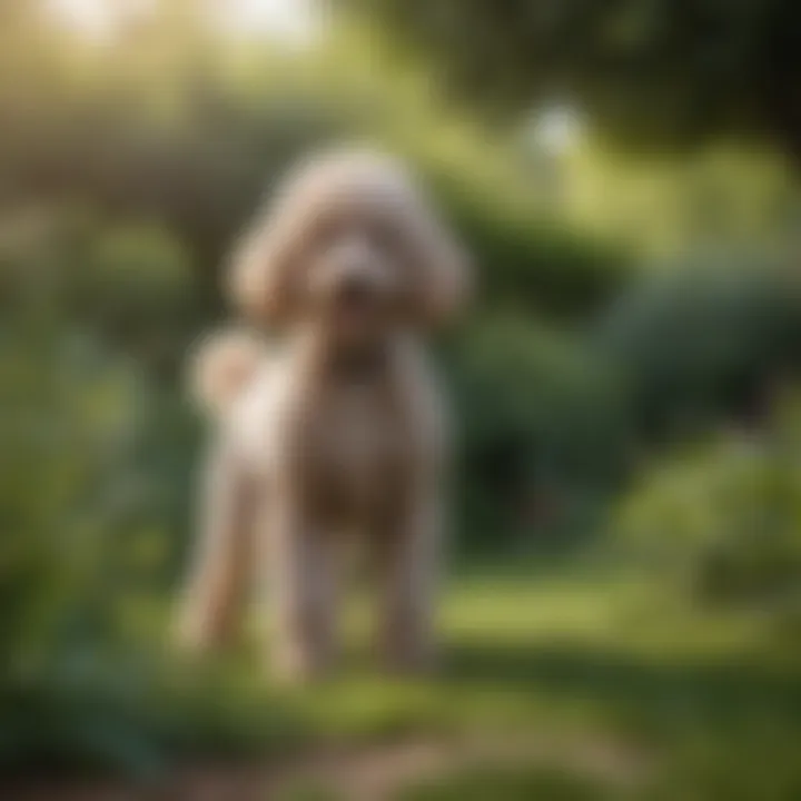 A tea poodle playing in a garden, representing its lively personality and love for outdoor activities