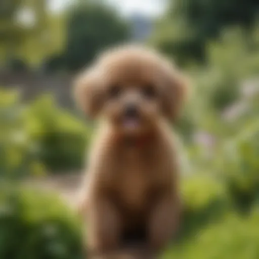 A playful toy poodle puppy in a garden setting
