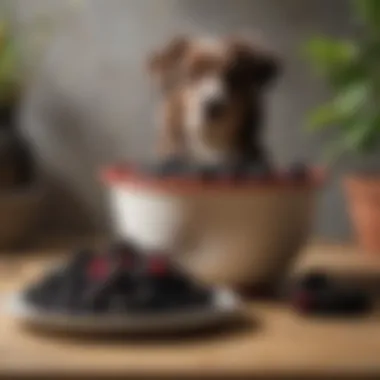 A vibrant plate of fresh blackberries next to a dog bowl filled with dog food