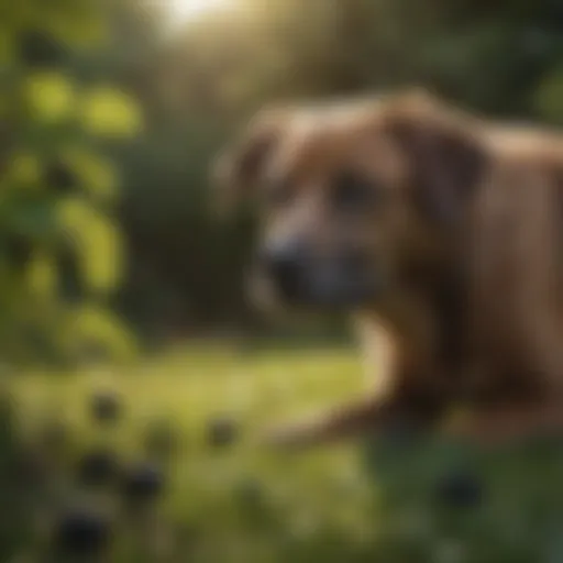 A dog curiously sniffing a blackberry bush in a lush garden