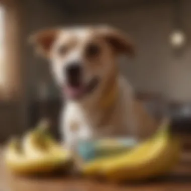 A bowl of sliced bananas next to a happy dog