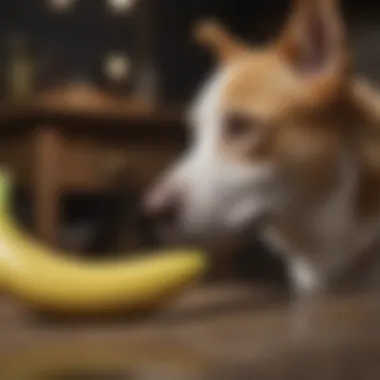 A dog curiously looking at a banana