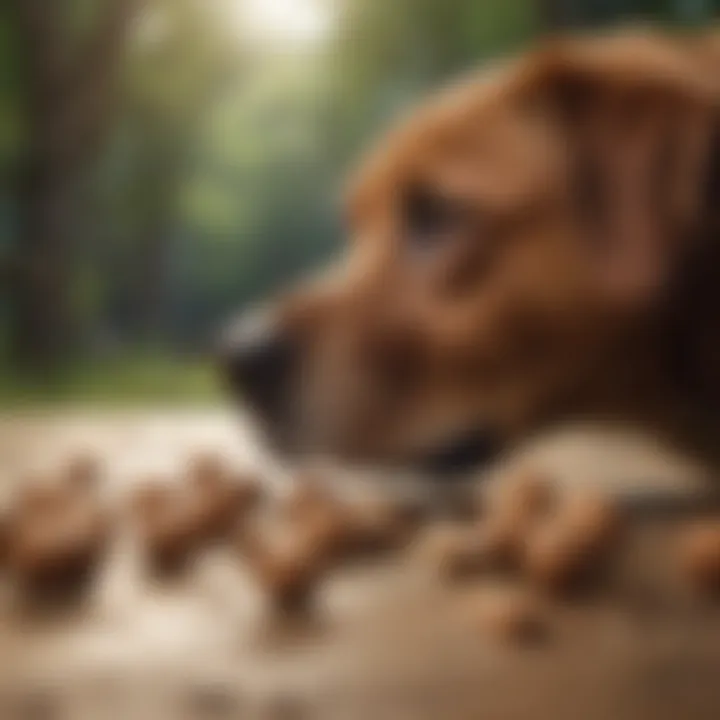 Dog looking curiously at a walnut