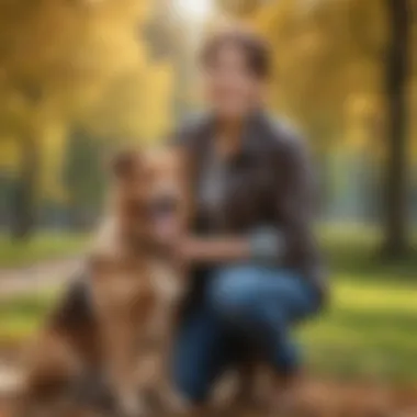 A happy, vaccinated dog with its owner in a park