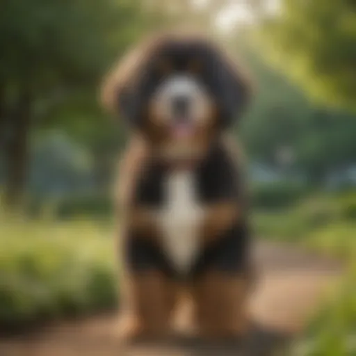 Bernese Poodle standing proudly in a lush green park