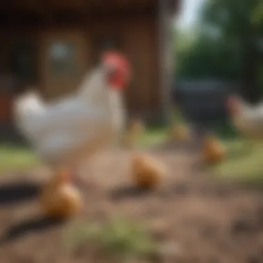 Healthy chickens roaming in a spacious yard