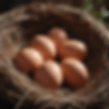 Close-up of a hen laying eggs in a nest