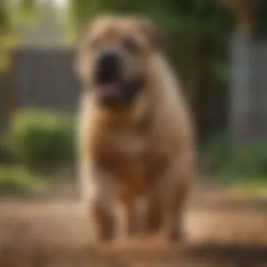 Shar Pei playing energetically in a yard, indicating vitality