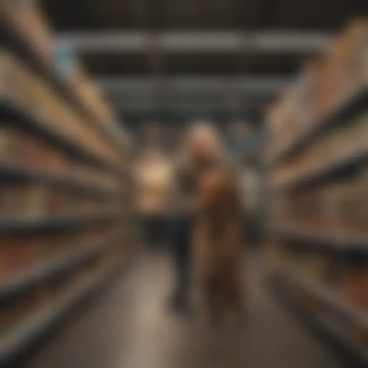 A pet owner thoughtfully selecting dog food in a store