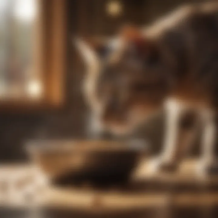 A bowl filled with nutritious dry cat food and fresh water.