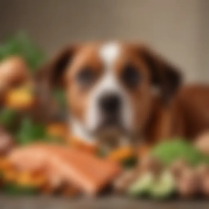 A selection of natural ingredients such as salmon, sweet potatoes, and peas ideal for dog nutrition.