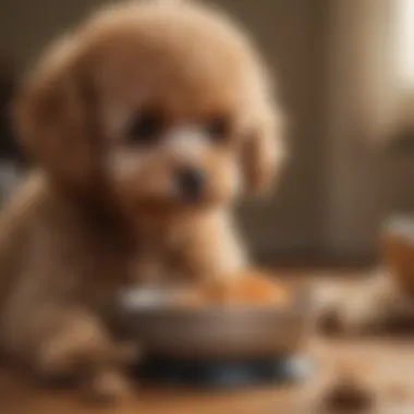 A playful Toy Poodle puppy eagerly inspecting its food bowl.