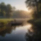 Tranquil lake at dawn with fishing gear