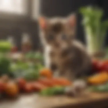 A playful kitten exploring a selection of fresh vegetables and protein sources on a table.