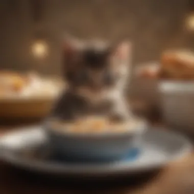 A kitten being gently fed from a small dish, highlighting the transition from milk to solid food.