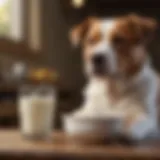 A bowl of fresh milk beside a happy dog