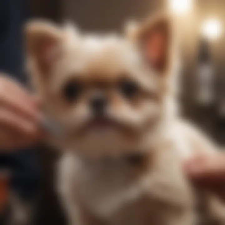 Close-up of a small dog getting groomed with clippers