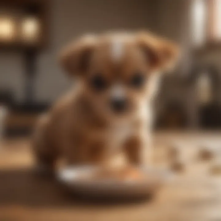 A happy toy breed puppy enjoying its meal in a bright, inviting setting