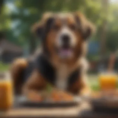 A dog enjoying a vegetarian meal outdoors