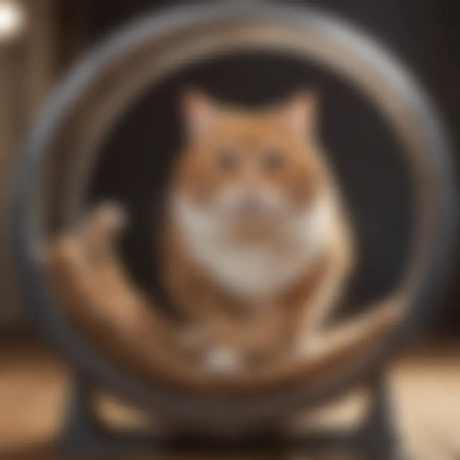 A cat joyfully running on a large hamster wheel