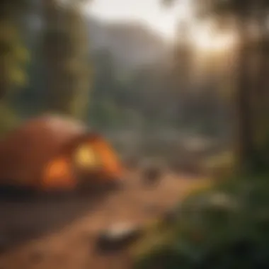 A cozy campsite featuring a tent set against a scenic sunset