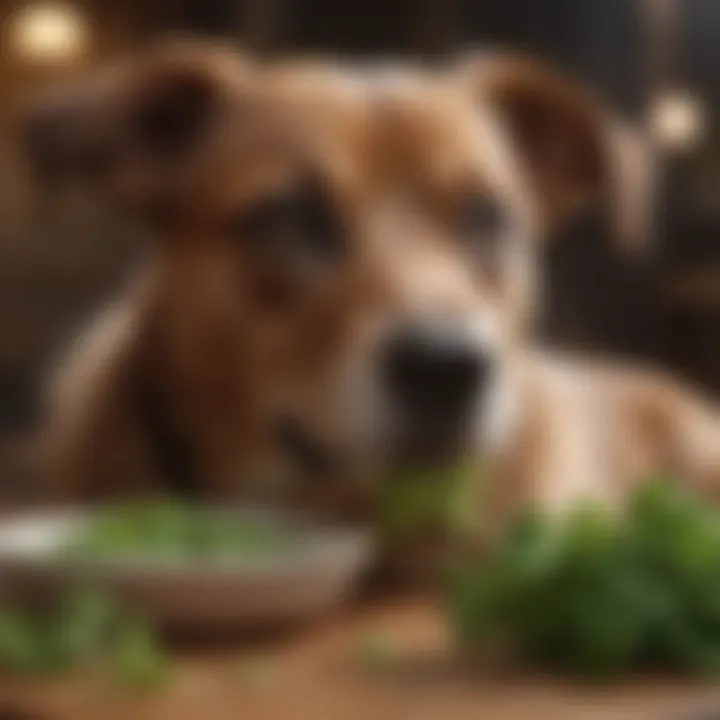 A dog enjoying a meal with cilantro sprinkled on top.