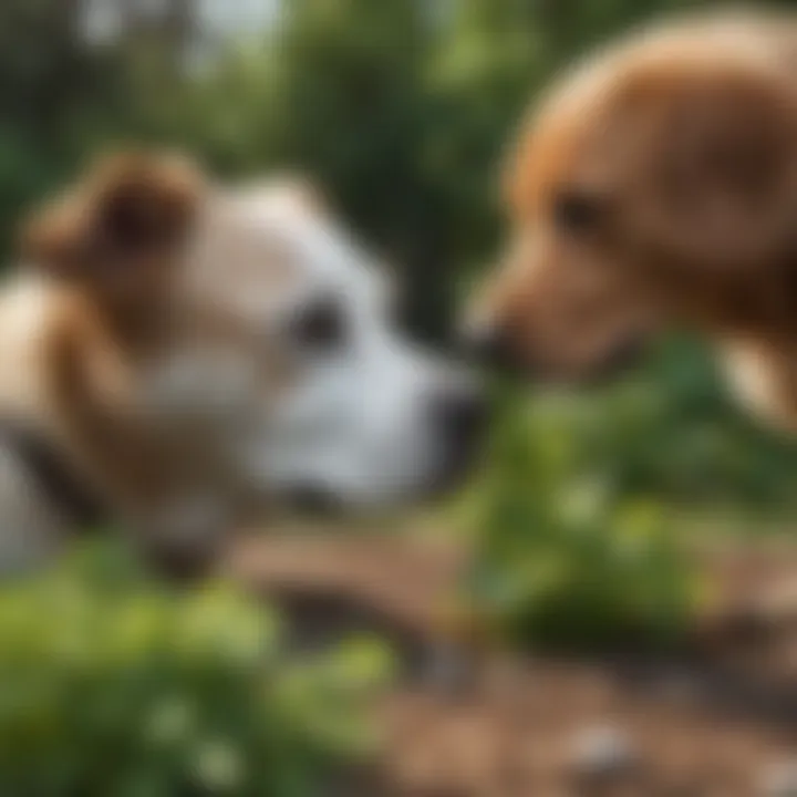 A dog curiously sniffing cilantro in a garden.