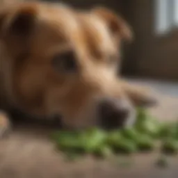 A curious dog eyeing a dill pickle