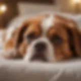 A dog lying on a bed looking unwell