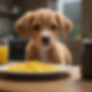 A playful puppy with a curious expression, eyeing a dish of scrambled eggs.