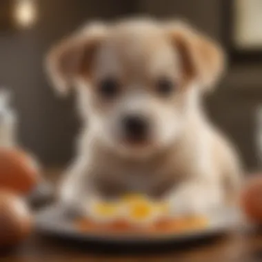 A healthy puppy enjoying a small portion of cooked eggs on a pet-friendly plate.