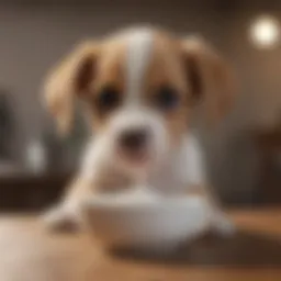 Puppy enjoying a small bowl of yogurt