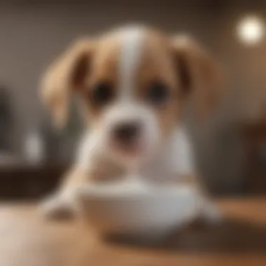 Puppy enjoying a small bowl of yogurt