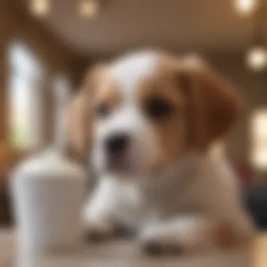 Puppy looking inquisitively at yogurt