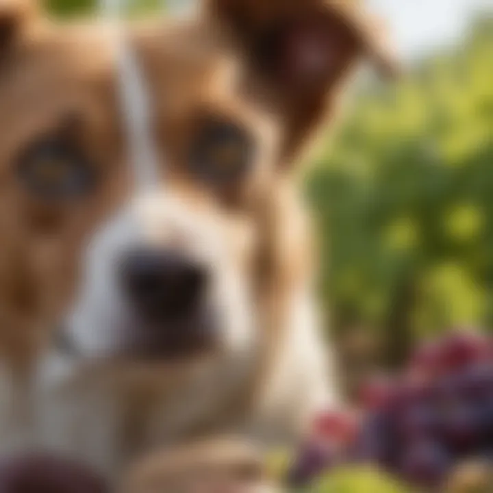 A close-up of a dog looking curiously at a bunch of grapes