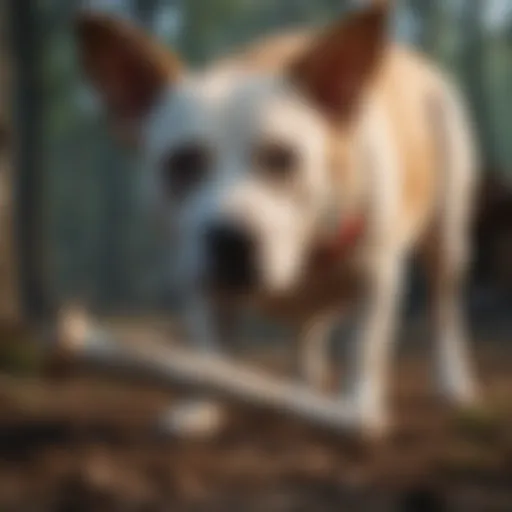 A dog curiously inspecting a pork bone