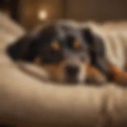 A dog sleeping on its back in a cozy setting