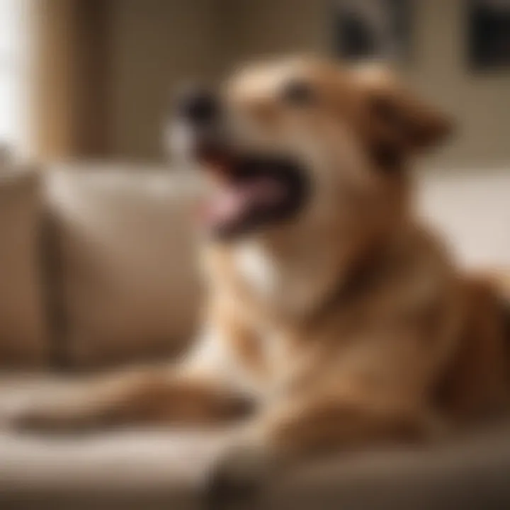 A dog yawning while lying on a couch, indicating comfort and relaxation.