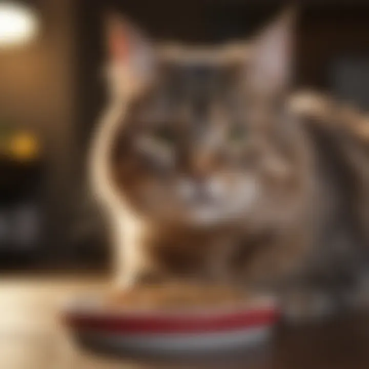 A cat eating Purina UR food from a bowl