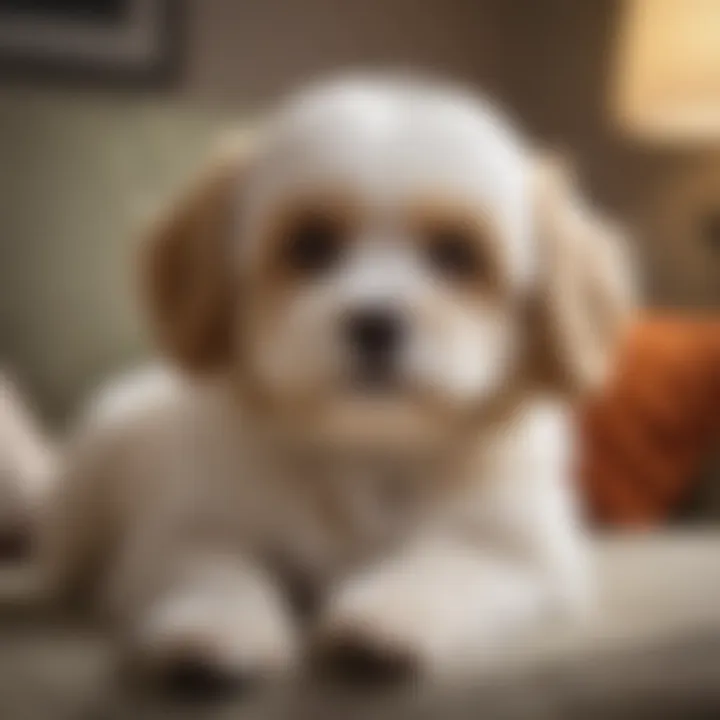 A serene Cavachon resting on a cozy couch, illustrating its calm demeanor