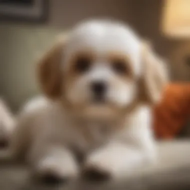 Cavachon at Home A serene Cavachon resting on a cozy couch, illustrating its calm demeanor