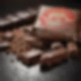 A close-up of chocolate pieces with a warning sign