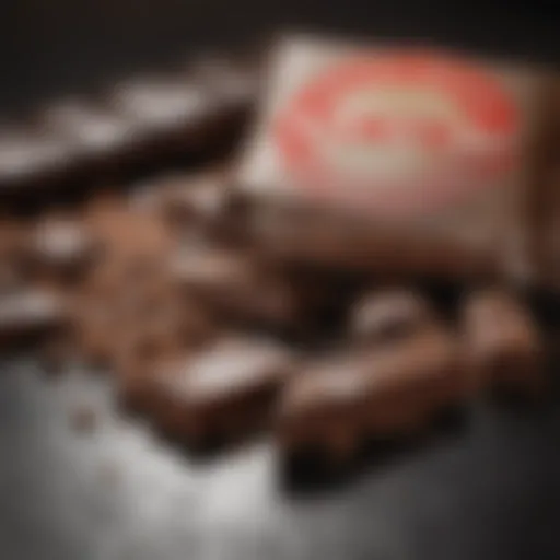 A close-up of chocolate pieces with a warning sign