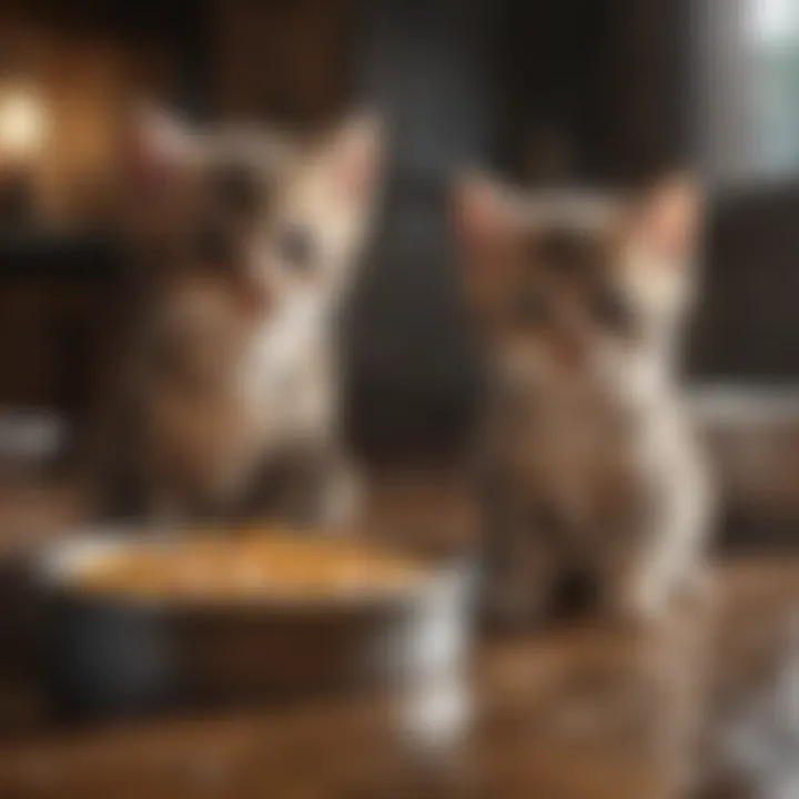 Kittens enjoying wet food in a cozy environment