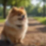 A Pomeranian wearing a training collar in a park setting